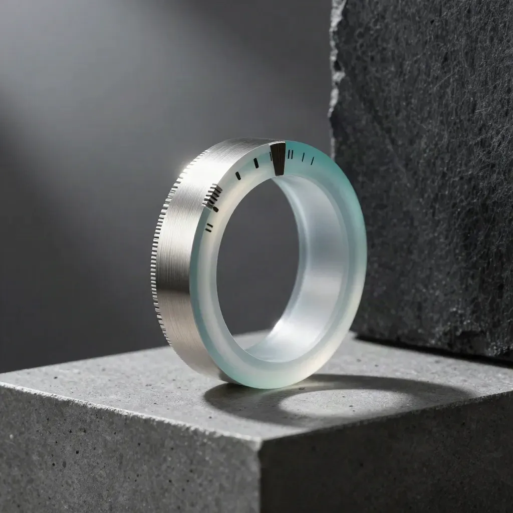 Macro of a frosted acrylic milestone tracker ring with a stepped metal arc and muted teal edge tint.