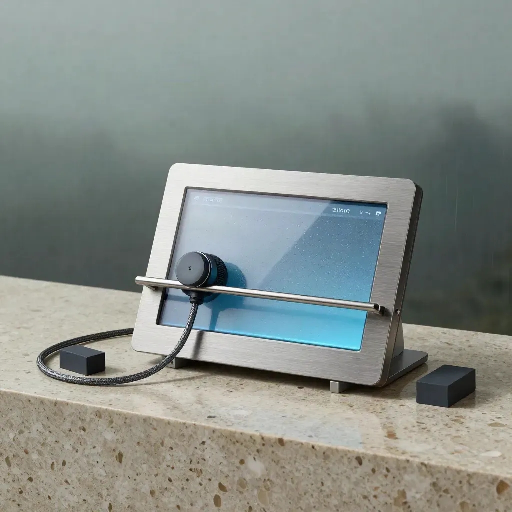 Brushed aluminum live counter slab, timer puck and mounts glowing blue in misty studio light.