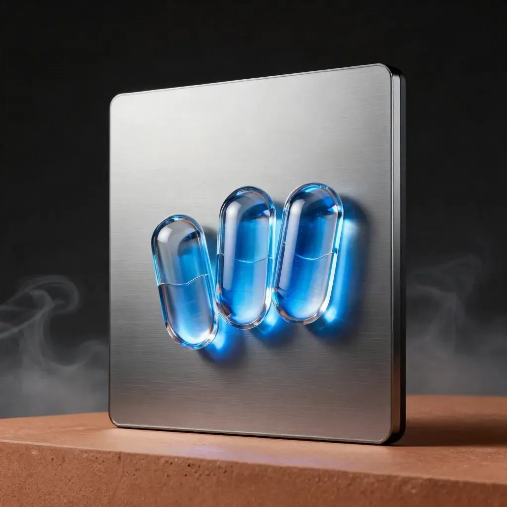 Macro tile with glowing blue data capsules and mirrored back plate in haze.