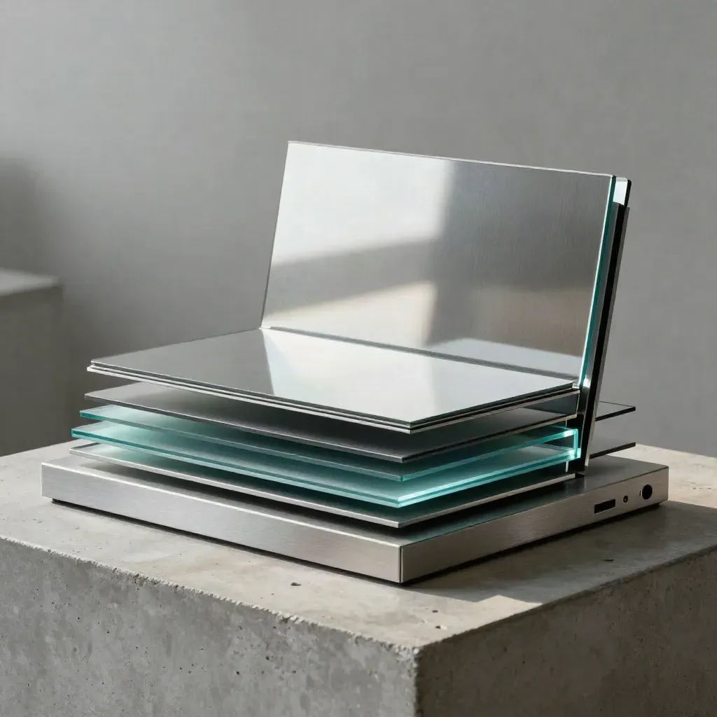 Layered stats widget on concrete with mirrored plate and soft teal glow.