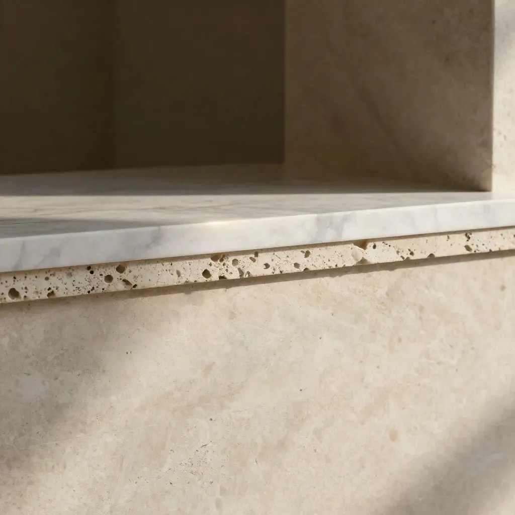 Travertine ledge and pale stone wall in soft morning light with calm copy space