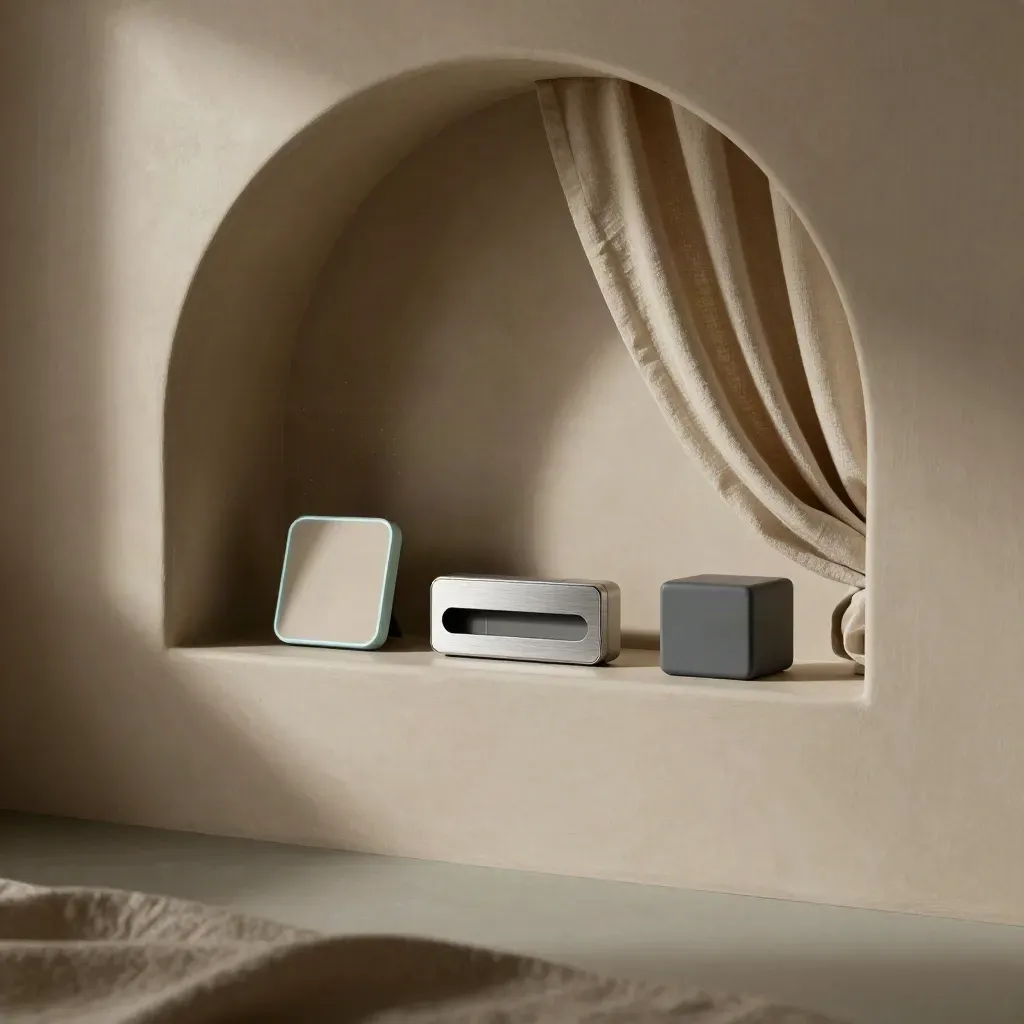 Arched oak niche with linen drape and sleek timer widgets on a matte shelf in warm daylight.